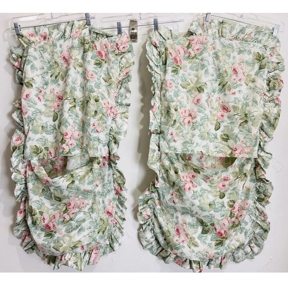 Vntge Laura Ashley KING Cottage Rose Set 2 Ruffled Pillow Shams Green Pink Cases - Picture 5 of 16